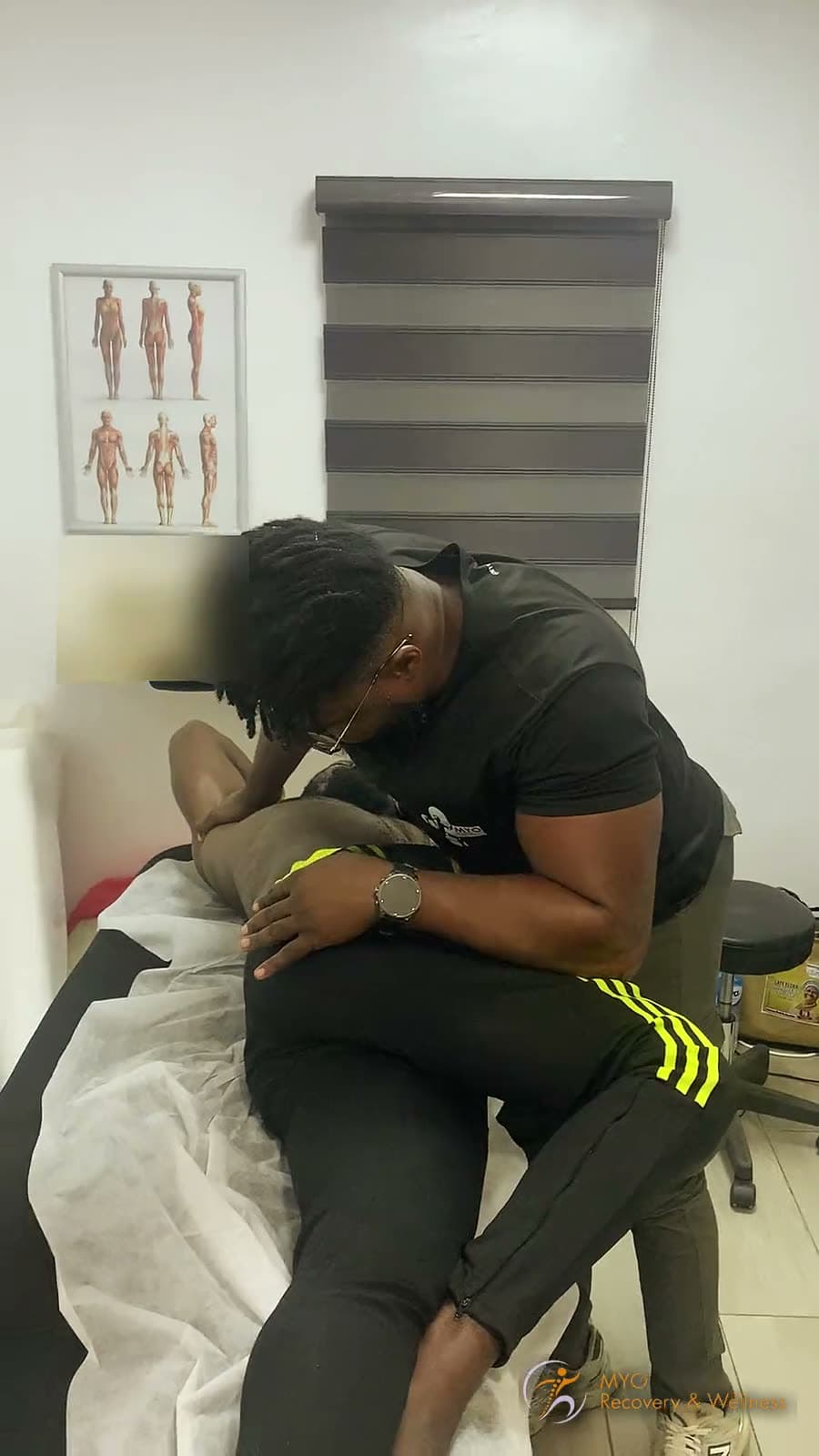 Twelve seconds of a MYO therapist mobilising a client's shoulder in the treatment room